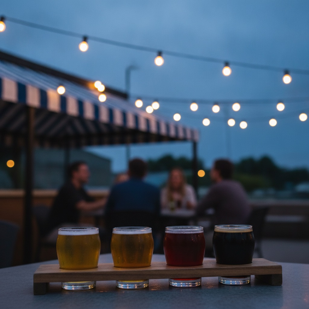 Craft beer flight on a bar patio at blue hour under string lights